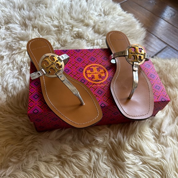 Tory Burch leather mini Millers Mirror Metallic sandals shoes dust bag size 9.5 - Picture 2 of 14